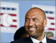  ?? HANS PENNINK — THE ASSOCIATED PRESS ?? Hall of Fame inductee Derek Jeter, of the Yankees, watches a video during an induction ceremony in the Clark Sports Center at the National Baseball Hall of Fame, Sept. 8, in Cooperstow­n, N.Y.