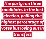  ??  ?? The party ran three candidates in the last election, polling the highest percentage of votes but losing out in transfers