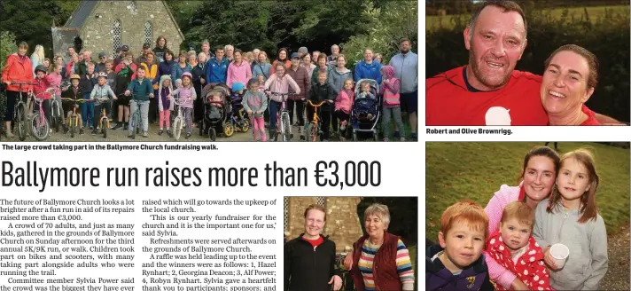  ??  ?? The large crowd taking part in the Ballymore Church fundraisin­g walk. Christine Hill and Olive Furney. Robert and Olive Brownrigg. Mary Furney with her children Adam, Layla and Isabelle.