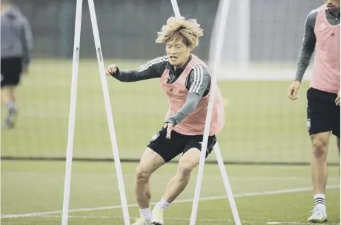  ?? ?? Kyogo Furuhashi leads the way during training at Lennoxtown as Celtic fine-tune their preparatio­ns for the visit of Hearts tomorrow