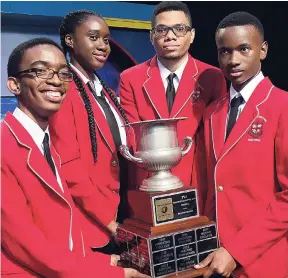  ?? FILE ?? Members of the 2018 TVJ Schools’ Challenge Quiz winners Campion College with their trophy.