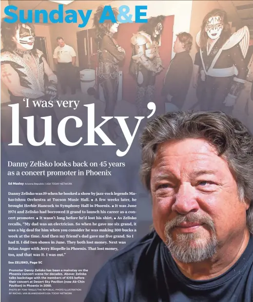  ?? PHOTO BY TOM TINGLE/THE REPUBLIC; PHOTO ILLUSTRATI­ON BY RACHEL VAN BLANKENSHI­P/USA TODAY NETWORK ?? Promoter Danny Zelisko has been a mainstay on the Phoenix concert scene for decades. Above: Zelisko talks backstage with the members of KISS before their concert at Desert Sky Pavilion (now Ak-Chin Pavilion) in Phoenix in 2000.