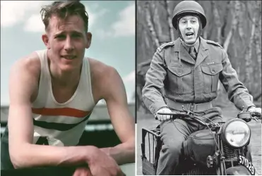  ??  ?? Unassuming British legend: Sir Roger Bannister, on the track in 1954, doing National Service on an Army leadership course in 1958 and with his wife Moyra last year