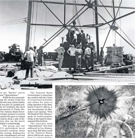  ?? ?? Top: In 1945, scientists and workers rig the world’s first atomic bomb to raise it up onto a 100-foot tower at the Trinity Test Site near Alamogordo, N.M.