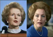  ?? THE ASSOCIATED PRESS ?? This combinatio­n of photos shows Gillian Anderson, portraying Margaret Thatcher in a scene from the fourth season of “The Crown,” right, and Margaret Thatcher in Scarboroug­h, England on March 18, 1989.