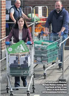  ?? JUSTIN KERNOGHAN/PHOTOPRESS ?? Infrastruc­ture Minister Nichola Mallon visiting the food bank at Holy Cross
Boys’ in north Belfast