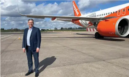  ?? Photograph: Joanna Plucinska/ Reuters ?? Johan Lundgren on the asphalt at Birmingham airport on Monday, where the airline will site three planes.