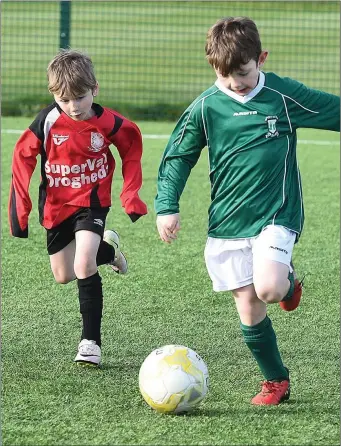  ??  ?? Walshestow­n’s Keegan Murray gives chase to Cormac Brereton of Duleek during Saturday’s Under-9 game.