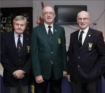  ??  ?? Tony Ryan (President of Coollattin Golf Club ), John Cullen (GUI) and Coollattin Golf Club captain Kevin Stapleton at the captain’s dinner last weekend.