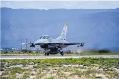  ?? STACY JONSGAARD/U.S. AIR FORCE ?? An Air Force F-16 Fighting Falcon prepares for takeoff during a training mission at Holloman Air Force Base in Alamogordo in August 2017. The state Environmen­t Department this week filed a “notice of violation” against the base after monitoring wells showed groundwate­r contaminan­ts were above levels acceptable to the EPA.