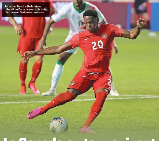  ?? PHOTO AFP ?? Jonathan David a été le héros offensif du Canada avec trois buts, hier, face au Suriname.