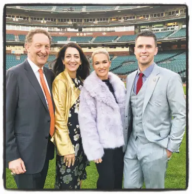  ?? Catherine Bigelow / Special to The Chronicle ?? Giants CEO Larry Baer (left), wife Pam Baer, and Kristen and Buster Posey at the BP28 Gala at AT&amp;T Park.