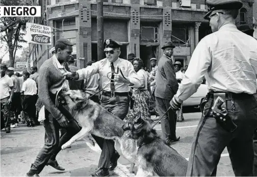  ??  ?? Un perro se abalanza sobre un joven manifestan­te negro en Alabama en 1963
En color azul, las respuestas correctas