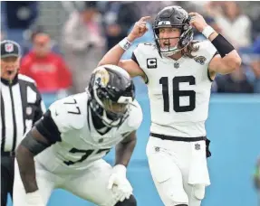  ?? ANDREW NELLES/THE TENNESSEAN ?? Trevor Lawrence reacts Sunday against the Titans. The Jaguars lost to fall out of first in the division and out of a wild-card slot.