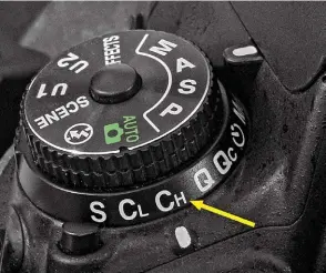  ??  ?? Picture 3: Here the camera has been set to highspeed continuous frame advance mode, commonly called CH (see arrow mark). In some cameras, this option may be accessible through a menu.