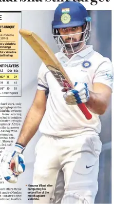  ?? PTI ?? Hanuma Vihari after completing his second ton of the match against Vidarbha.