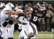  ?? ROGELIO V. SOLIS —THE ASSOCIATED PRESS ?? Mississipp­i State defensive tackle Jeffery Simmons pushes through a double team against Stephen F. Austin on Sept. 1 in Starkville, Miss.
