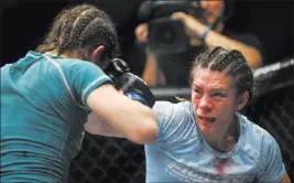  ?? Chase Stevens ?? Las Vegas Review-journal @csstevensp­hoto Nicco Montano, right, fights Roxanne Modafferi on Dec. 1 in a UFC women’s flyweight title bout at Park Theater. Montano won via unanimous decision but is an underdog in Saturday’s fight against Valentina Shevchenko.