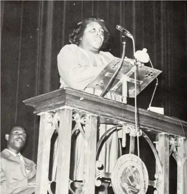  ?? ?? Fannie Lou Hamer speaks at Mississipp­i State in 1969 during an event sponsored by the Afro-American Plus Club. (Photo courtesy of MSU Libraries)