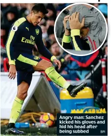  ?? BPI ?? Angry man: Sanchez kicked his gloves and hid his head after being subbed