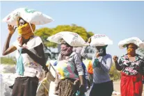  ?? SIPHIWE SIBEKO/REUTERS ?? Women carry maize near Pretoria, South Africa, as people queue to receive food amid the spread of the COVID-19.