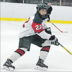  ?? JASON SIMMONDS/TC MEDIA ?? Coleton Perry recorded a goal and an assist in helping the Kensington Monaghan Farms Wild defeat the Miramichi Rivermen 4-1 on Wednesday night. The Wild clinched third place in the New Brunswick/P.E.I. Major Midget Hockey League regular season with the...