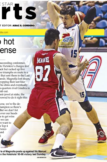  ?? JUN MENDOZA ?? Marc Pingris of Magnolia posts up against Vic Manuel of Alaska in the Hotshots’ 95-90 victory last Sunday.