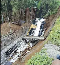  ??  ?? Photo from the Cordillera police office shows the Elf truck that plunged into a ravine in Barangay Karikitan, Conner town in Apayao the other day.