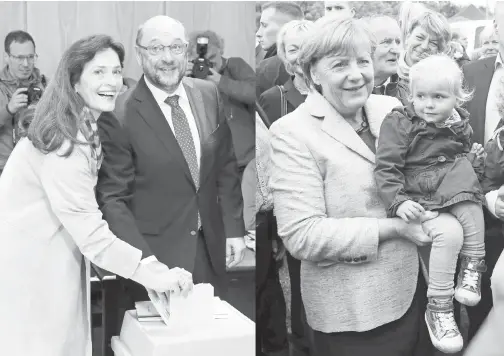  ??  ?? KOMBINASI gambar menunjukka­n Merkel mengendong seorang budak lelaki semasa melawat festival menuai di Lauterbach, kelmarin manakala Schulz dan isterinya membuang undi dalam Bundestags­wahl di Wuerselen, semalam.