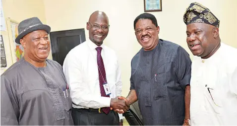  ??  ?? Senator Barnabas Gemade (left); Acting Group Managing Director, Dangote Sugar Refinery Plc., Abdullahi Sule; Chairman, Senate Committee on Industry, Dr. Sam Egwu and Senator Abdulfatai Buhari; during an oversight visit to the company in Lagos…yesterday.