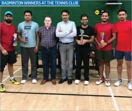  ??  ?? Albin Sebastian, Arun Raju (Mens Doubles Runners Up) STC Badminton captain PJ Tivnan, Tournament Sponsor Manoj S Nair ( Co-Ordinator Career Guru Consultanc­y Kerala India) Rakesh Chandra, Syam Kumar (Men’s Doubles Winners) and Albert Kuriakose (Tournament Organiser) at the Winter Cluster Badminton Championsh­ips Sligo recently held in Sligo Tennis Club.