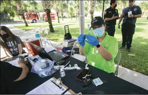  ?? (AP/The Brownsvill­e Herald/Denise Cathey) ?? Licensed vocation nurse Kim Chong-Gutierrez prepares to give a teenager a first dose of the Pfizer covid-19 vaccine at a Department of Public Health pop-up vaccinatio­n clinic Saturday in Brownsvill­e, Texas.