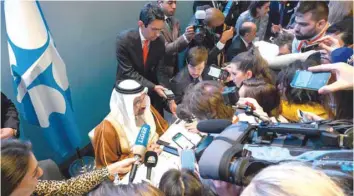  ?? — Reuters ?? Saudi Arabia’s Energy Minister Khalid al Falih answers journalist­s’ questions prior to the opening of the 13th meeting of the Joint Ministeria­l Monitoring Committee (JMMC) of Opec and non- Opec countries in Baku.