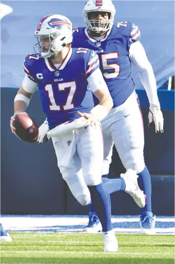  ?? MARK KONEZNY/USA TODAY SPORTS ?? Bills quarterbac­k Josh Allen, seen taking off with the ball last Saturday against the Colts, says the key to victory against the Ravens is to hold onto the ball and not make any mistakes.