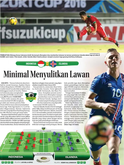  ?? ANGGER BONDAN/JAWA POS GRAFIS: BOEDIONO/JAWA POS ?? PEMBUKTIAN: Bintang timnas Indonesia Andik Vermansah diharapkan bisa memberikan tekanan ke barisan pertahanan Islandia dalam laga uji coba di SUGBK nanti malam. Foto bawah, striker Islandia Albert Gudmundsso­n menjadi ancaman bagi gawang Andritany...