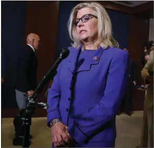  ?? (AP/J. Scott Applewhite) ?? U.S. Rep. Liz Cheney speaks to reporters Wednesday after she was ousted from her leadership post. “If you want leaders who will enable and spread [former President Donald Trump’s] destructiv­e lies, I’m not your person; you have plenty of others to choose from,” Cheney told GOP House colleagues.