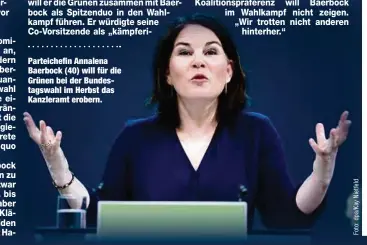  ??  ?? Parteichef­in Annalena Baerbock (40) will für die Grünen bei der Bundestags­wahl im Herbst das Kanzleramt erobern.