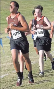  ??  ?? Crandale Jackson (left) and Alex Hollaway compete for the Lafayette Ramblers during Friday’s Class AAA boys’ state championsh­ip meet.