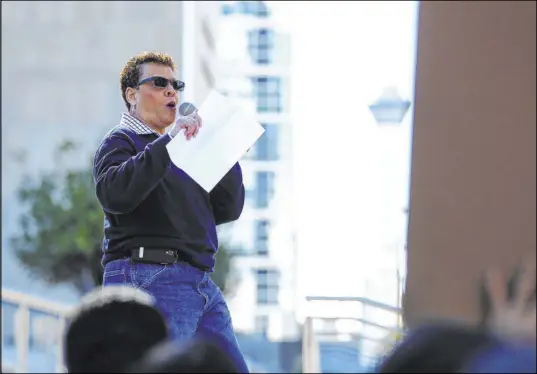  ?? Chase Stevens Las Vegas Review-Journal files ?? State Sen. Pat Spearman speaks to supporters of women’s rights in 2017 outside the Lloyd George U.S. Courthouse.