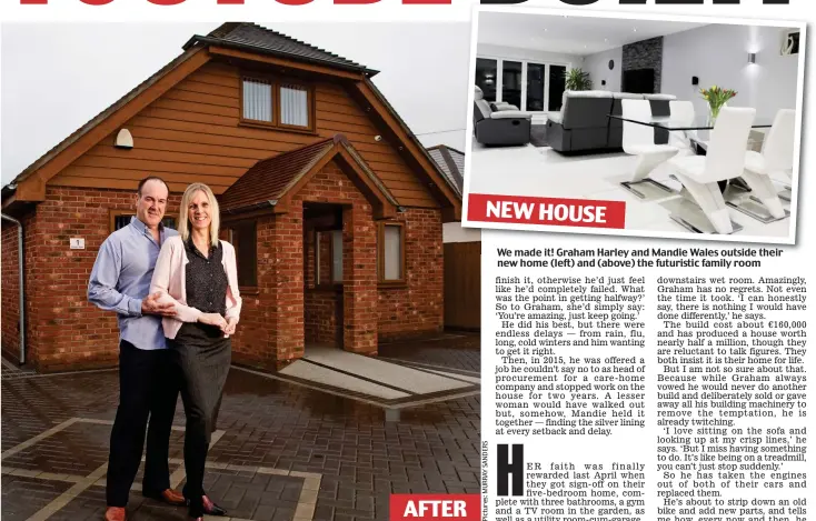  ??  ?? We made it! Graham Harley and Mandie Wales outside their new home (left) and (above) the futuristic family room