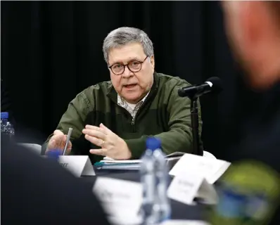  ?? Associated Press ?? ■ Attorney General William Barr speaks Nov. 22 during a law enforcemen­t roundtable at the Flathead County Sheriff's Posse in Evergreen, Mont.