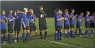  ?? CHRIS DEANTONIO - FOR DIGITAL FIRST MEDIA ?? The Oley Valley boys soccer team lines up as they receive their winner’s medals after winning the BCIAA championsh­ip on Oct. 20.