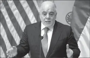  ?? AP/CLIFF OWEN ?? Iraqi Prime Minister Haider al-Abadi speaks Monday at U.S. Institute of Peace in Washington.