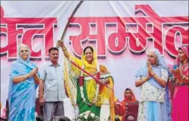  ?? PTI FILE PHOTO ?? CM Vasundhara Raje during Rajasthan Gaurav Yatra in Jaisalmer.