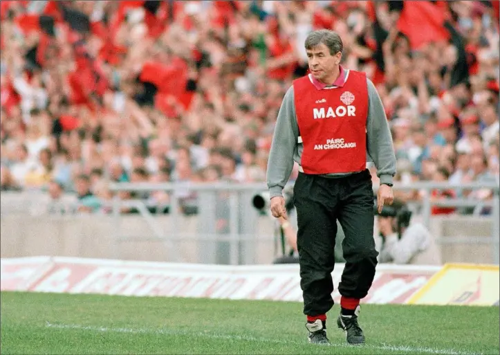  ?? Picture: Brendan Moran / Sportsfile ?? Pete McGrath, pictured patrolling the sideline during Down’s 1994 All-Ireland semi-final win against Cork in Croke Park, faces his native county next Sunday as manager of Louth.