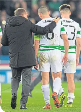  ??  ?? Brendan Rodgers consoles Scott Brown after the 7-1 defeat in Paris