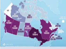  ?? Image : Canadian Associatio­n of Midwives ?? Année de réglementa­tion de la profession de sage-femme selon les provinces.