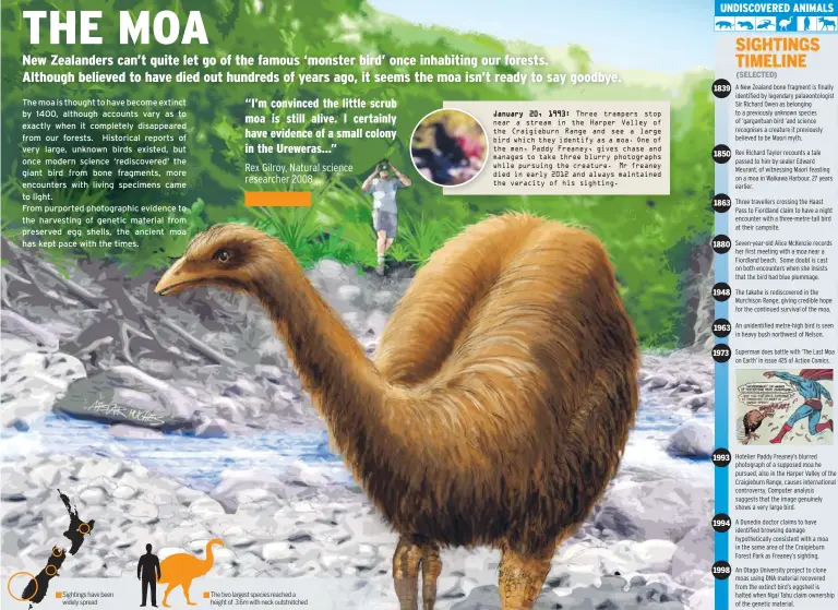 ??  ?? Sightings have been widely spread The two largest species reached a height of 3.6m with neck outstretch­ed January J 20, 1993: Three trampers stop near n a stream in the Harper Valley of the t Craigiebur­n Range and see a large bird b which they identify as a moa. One of the t men, Paddy Freaney, gives chase and manages m to take three blurry photograph­s while w pursuing the creature. Mr freaney died d in early 2012 and always maintained the t veracity of his sighting.
