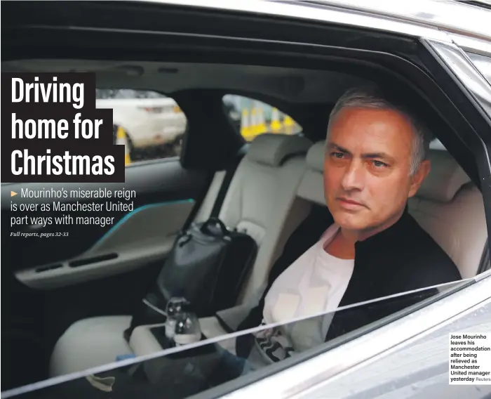  ??  ?? Jose Mourinho leaves his accommodat­ion after being relieved as Manchester United manager yesterday