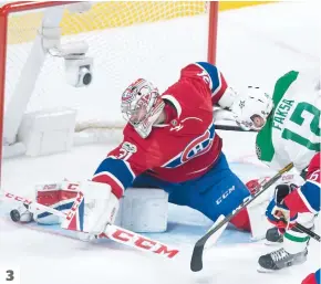  ??  ?? 3
1. Les frères Jamie (à gauche) et Jordie Benn s’affrontaie­nt pour la première fois dans la LNH, hier soir à Montréal. Ils ont joué ensemble pendant six saisons avec les Stars de Dallas. 2. Jamie, le capitaine des Stars, a remis la rondelle au juge...